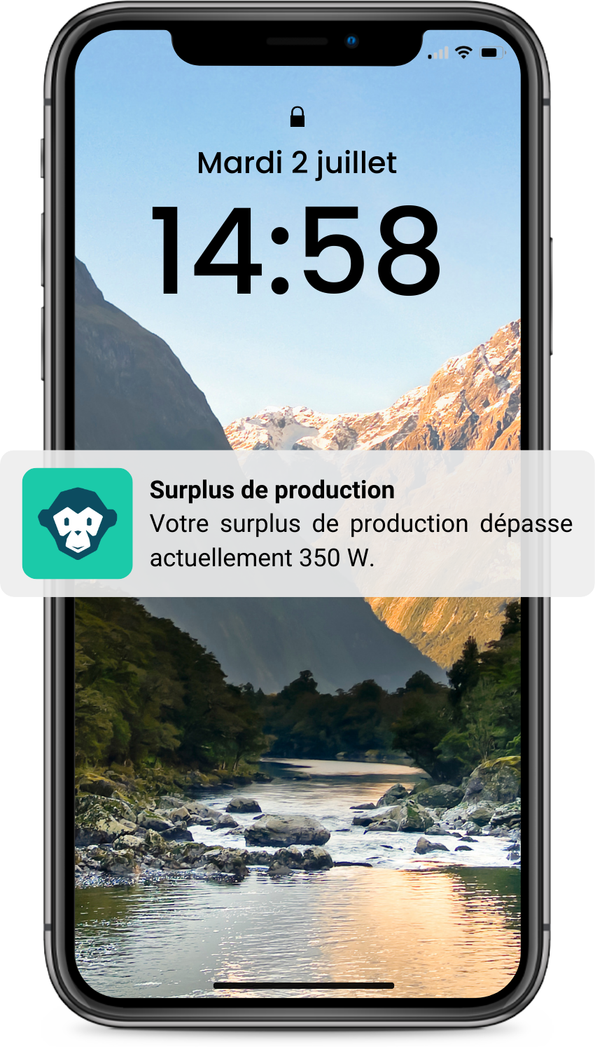 (notification sur smartphone indiquant que le client produit plus qu'il ne consomme).